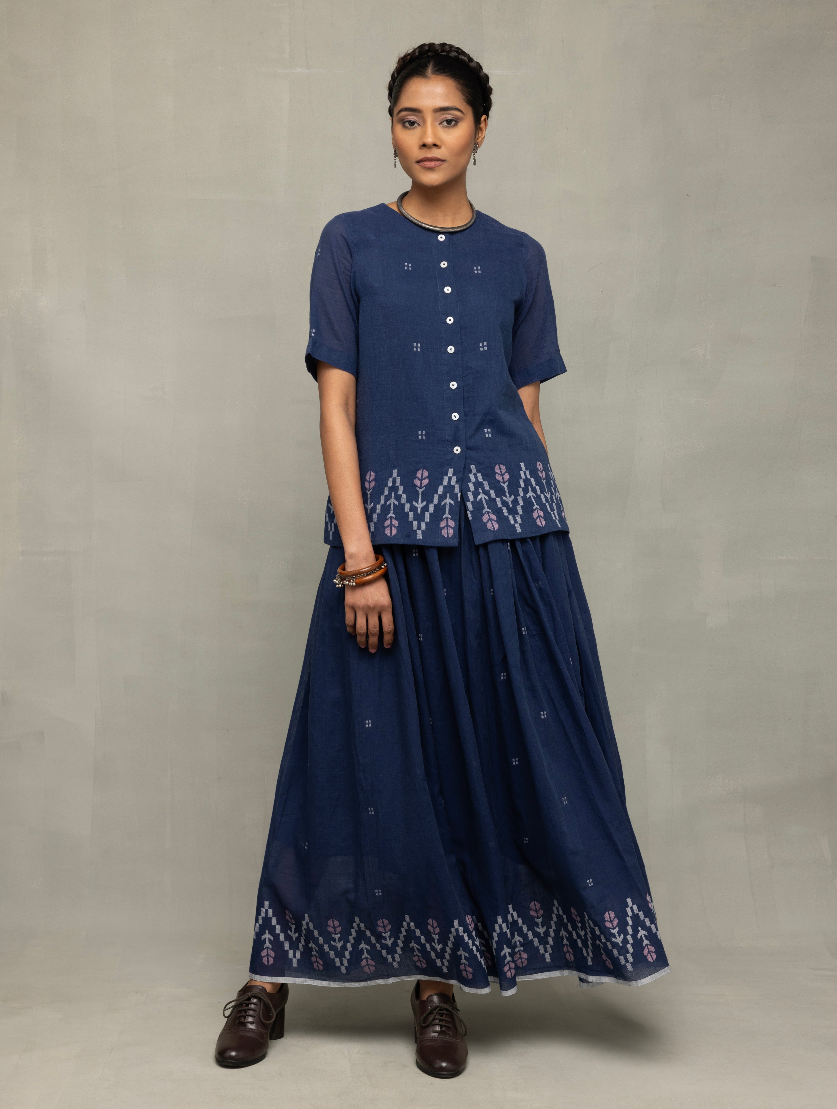 Handloom Blue Contemporary Jamdani Flared Skirt