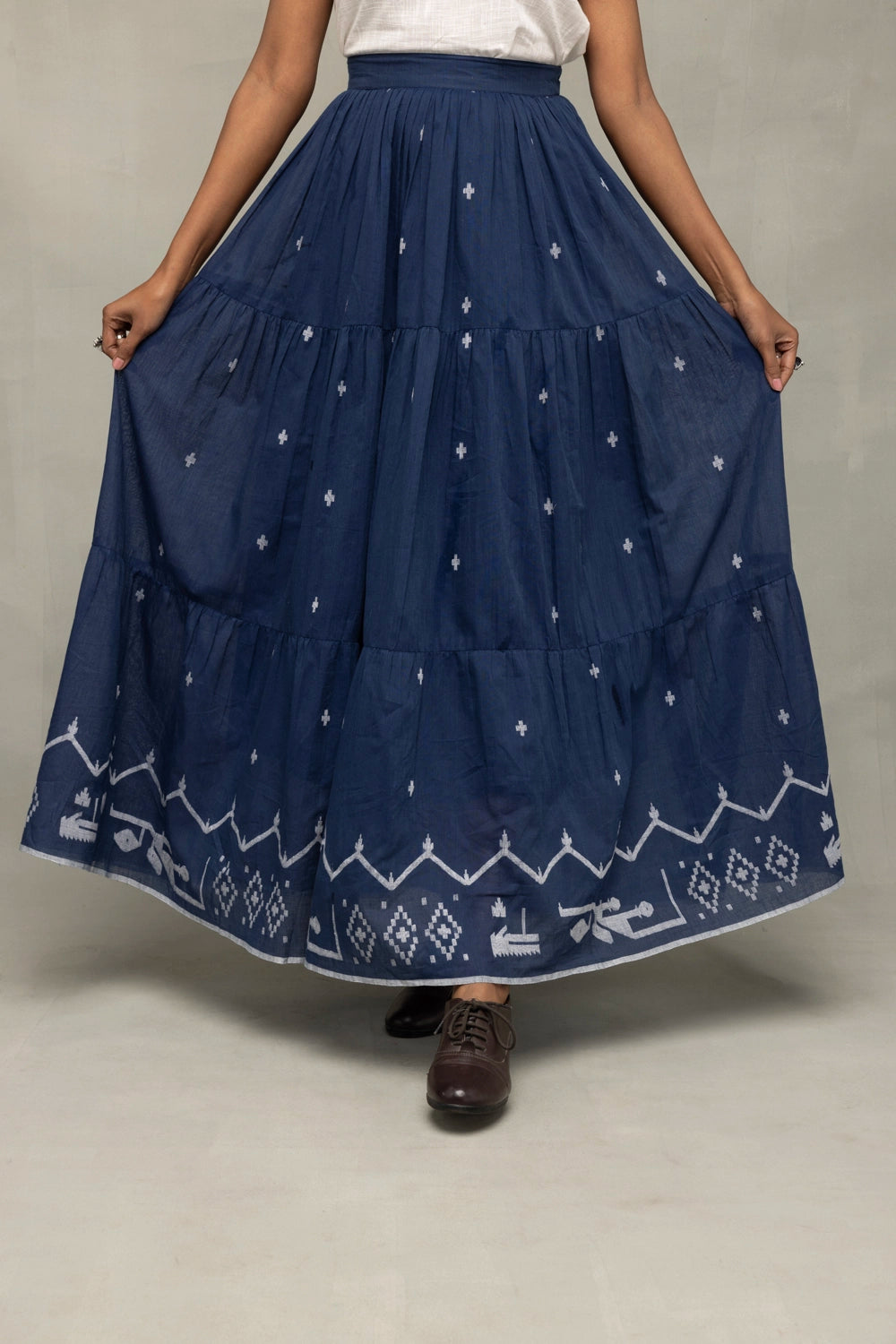 Handloom Blue Traditional Jamdani Flared Skirt