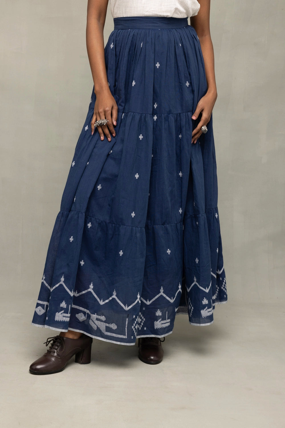 Handloom Blue Traditional Jamdani Flared Skirt