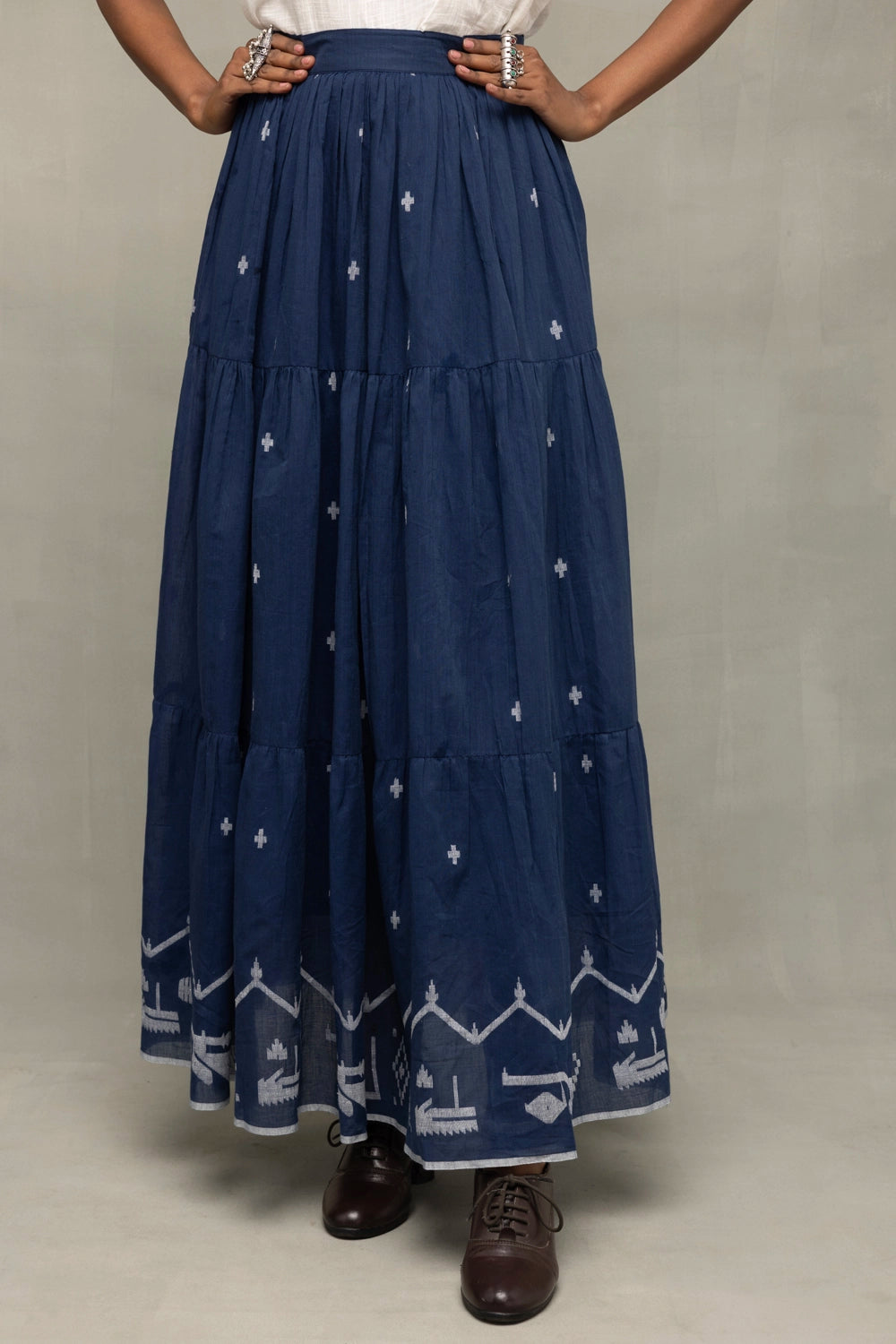 Handloom Blue Traditional Jamdani Flared Skirt