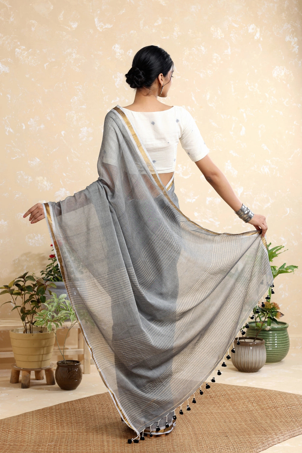 Handloom Grey With Gold Zari Stripes Mulmul Saree