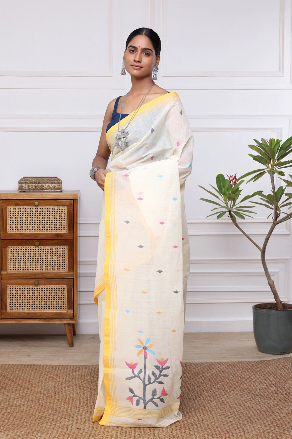 Handloom Cream Pure Cotton Jamdani with Yellow Border