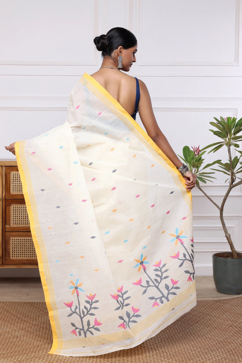 Handloom Cream Pure Cotton Jamdani with Yellow Border