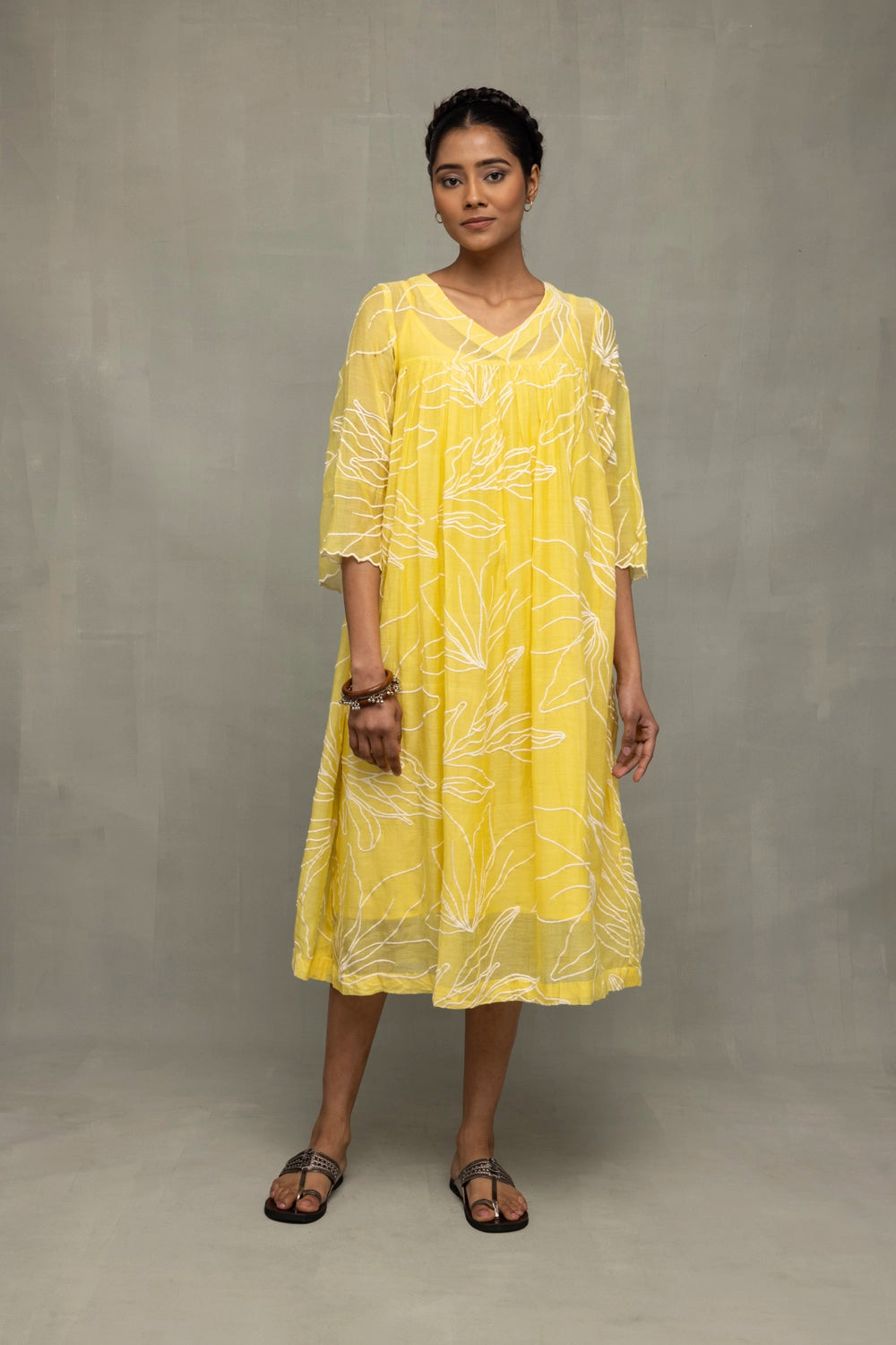 Lemon Light Mul Chanderi Embriodered Dress