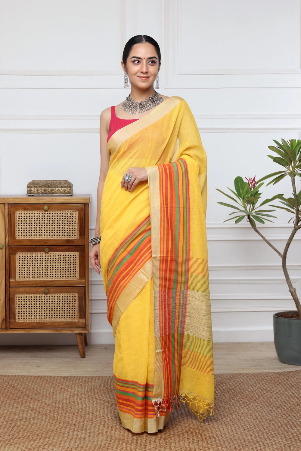 Vivid Yellow Handloom Pure Cotton Saree With Multi Colour Border & Jute Pallu