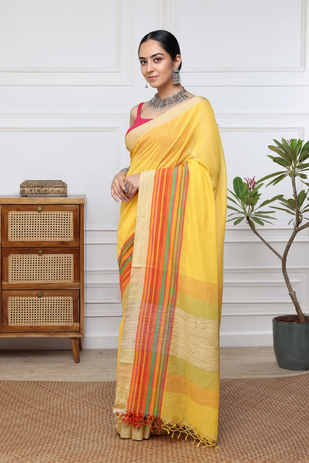 Vivid Yellow Handloom Pure Cotton Saree With Multi Colour Border & Jute Pallu