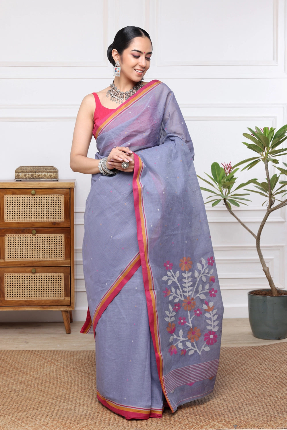 Handloom Dark Grey Pure Cotton Jamdani with Red Border