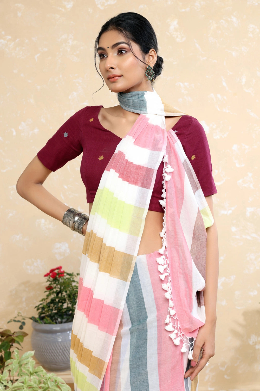 Handloom Pink Multi colour Stripes Mulmul Saree