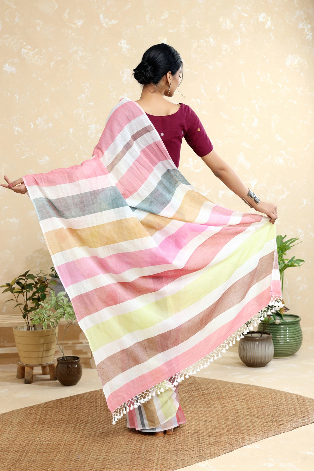 Handloom Pink Multi colour Stripes Mulmul Saree