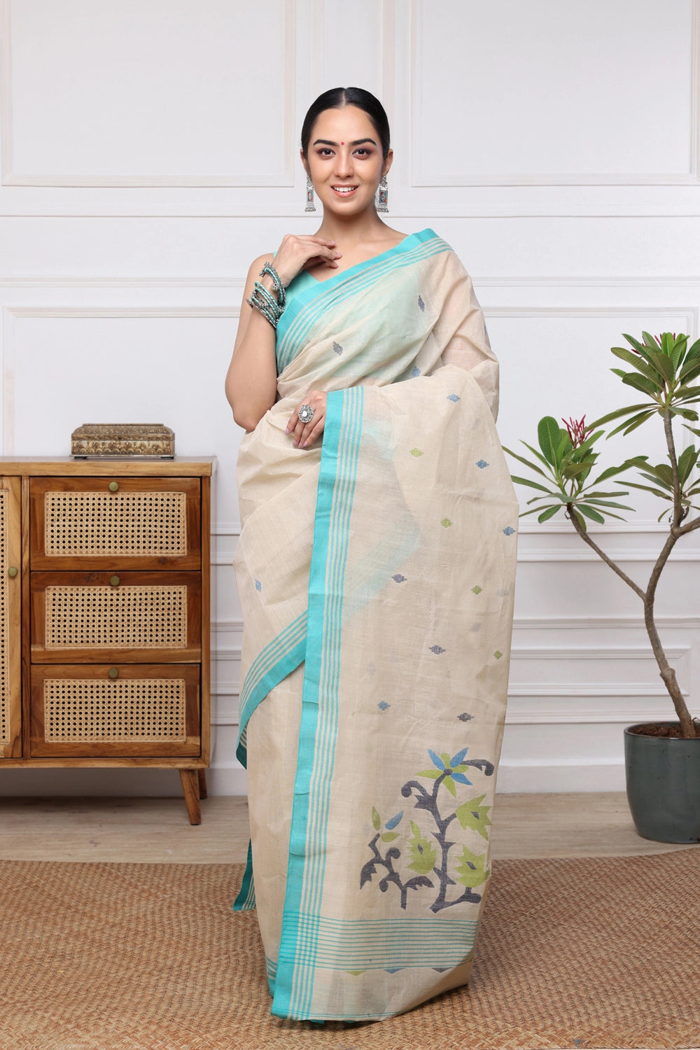 Handloom Light Brown Pure Cotton Multi Colour Floral Jamdani Saree