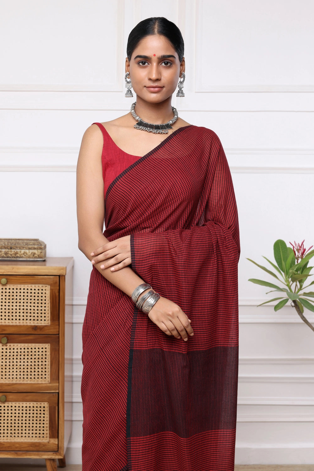 Handloom Red & Black Check Mulmul Cotton Saree