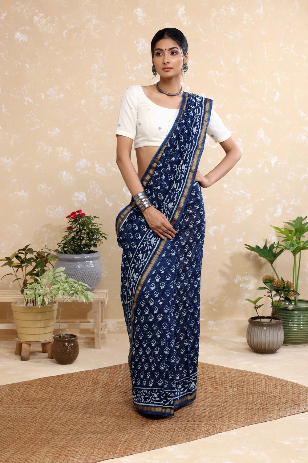 Handloom Indigo Blue Flower Block Print Chanderi Cotton Saree