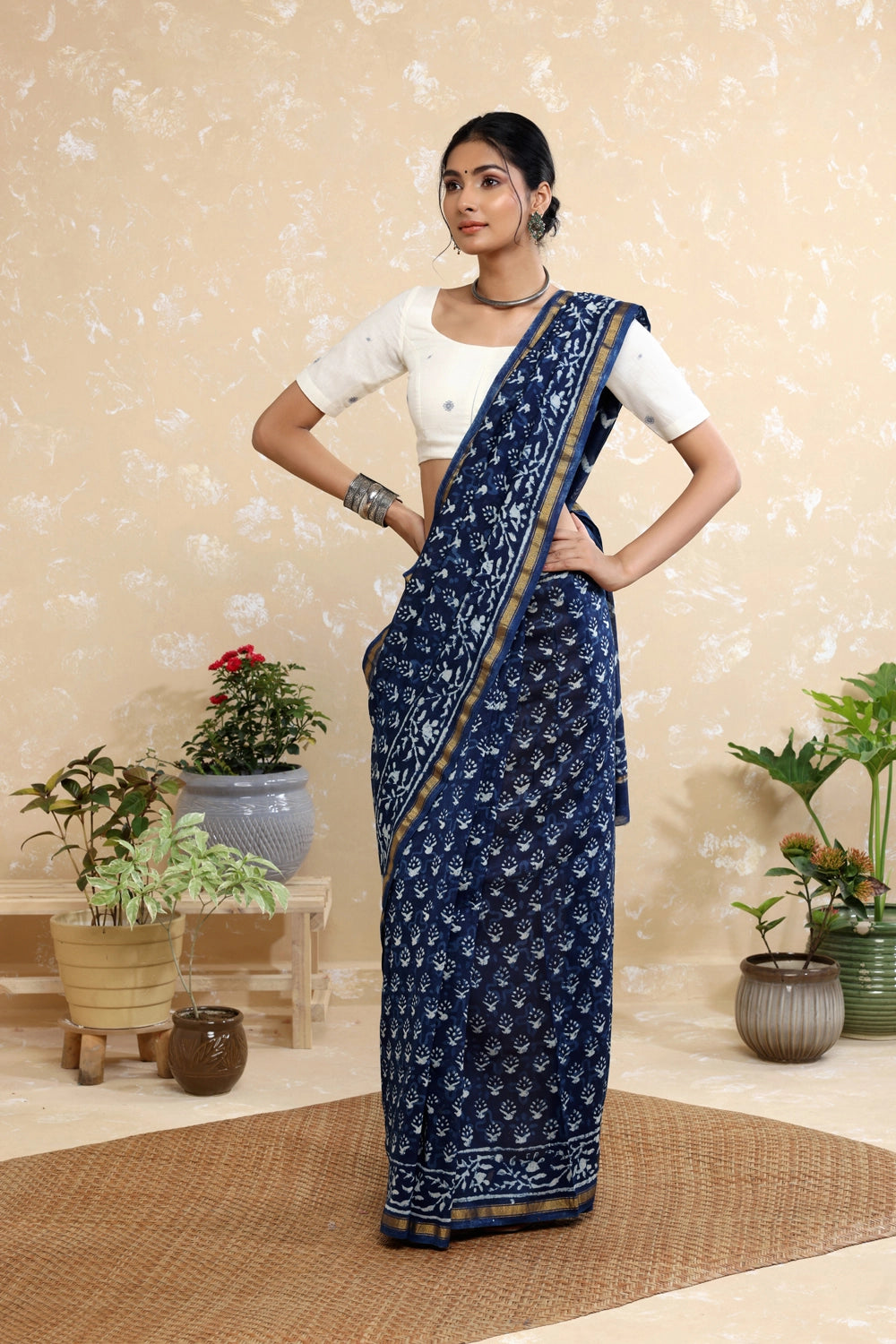 Handloom Indigo Blue Flower Block Print Chanderi Cotton Saree