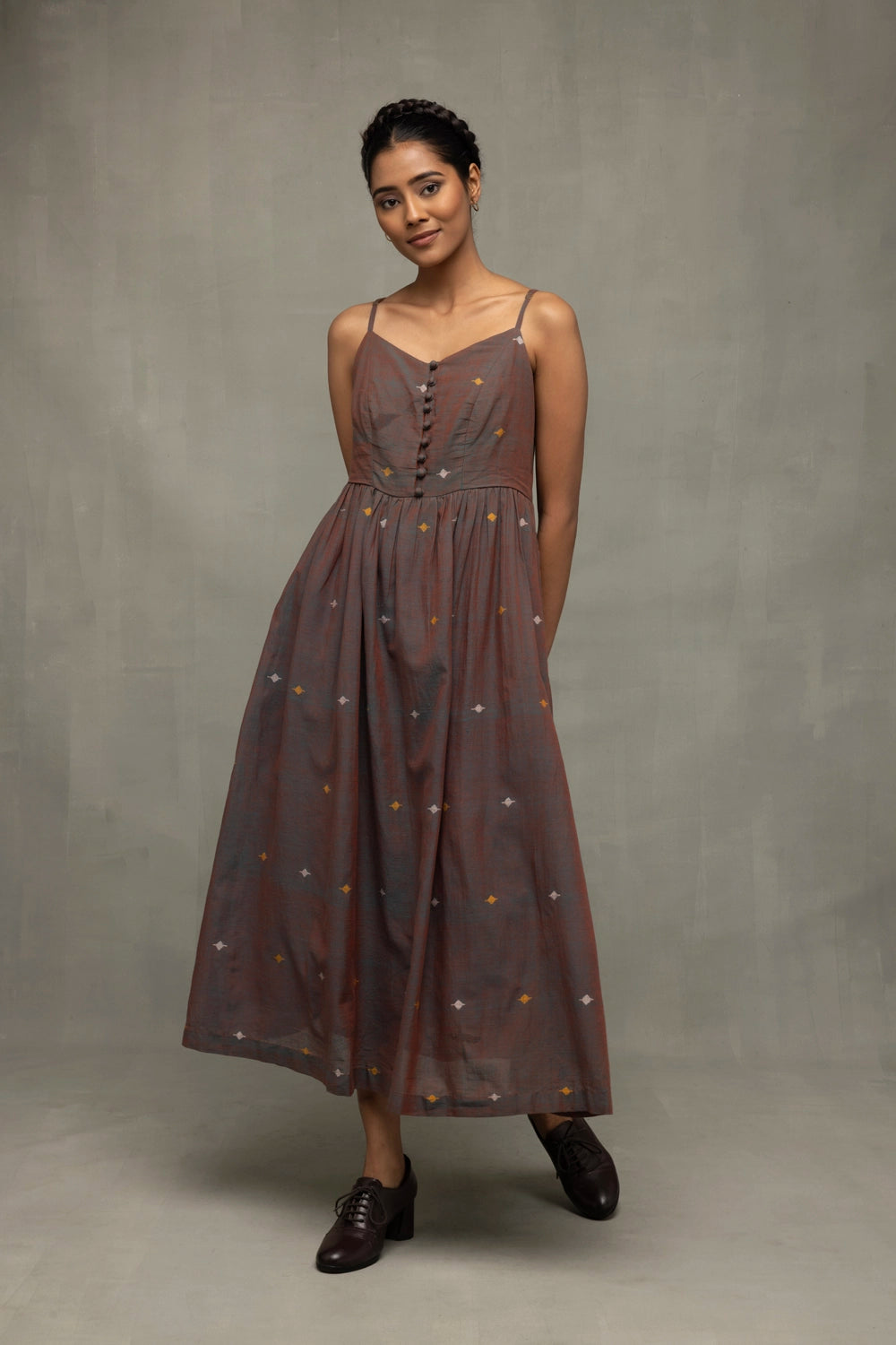 Brown Duo Tone Jamdani Hand-Woven Midi Dress