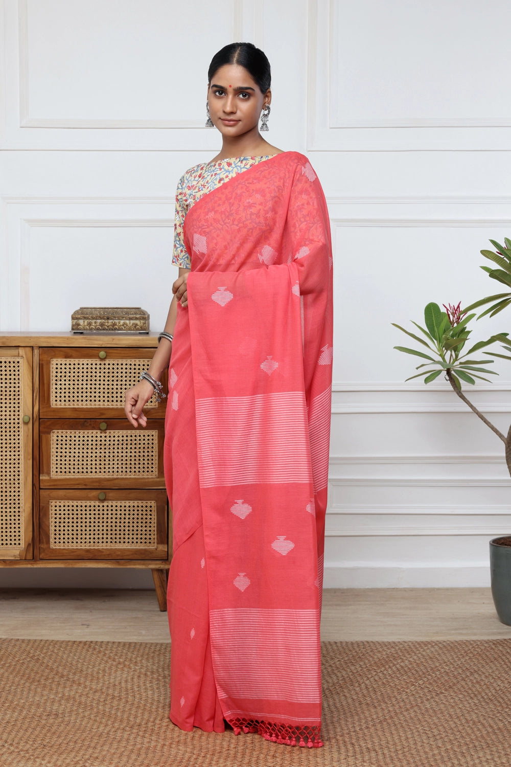 Handloom Watermelon Pink Mulmul Cotton Jamdani Saree