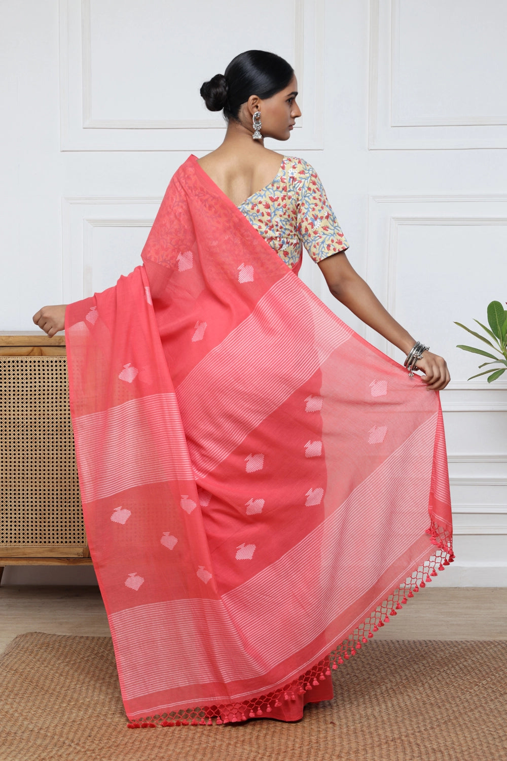 Handloom Watermelon Pink Mulmul Cotton Jamdani Saree