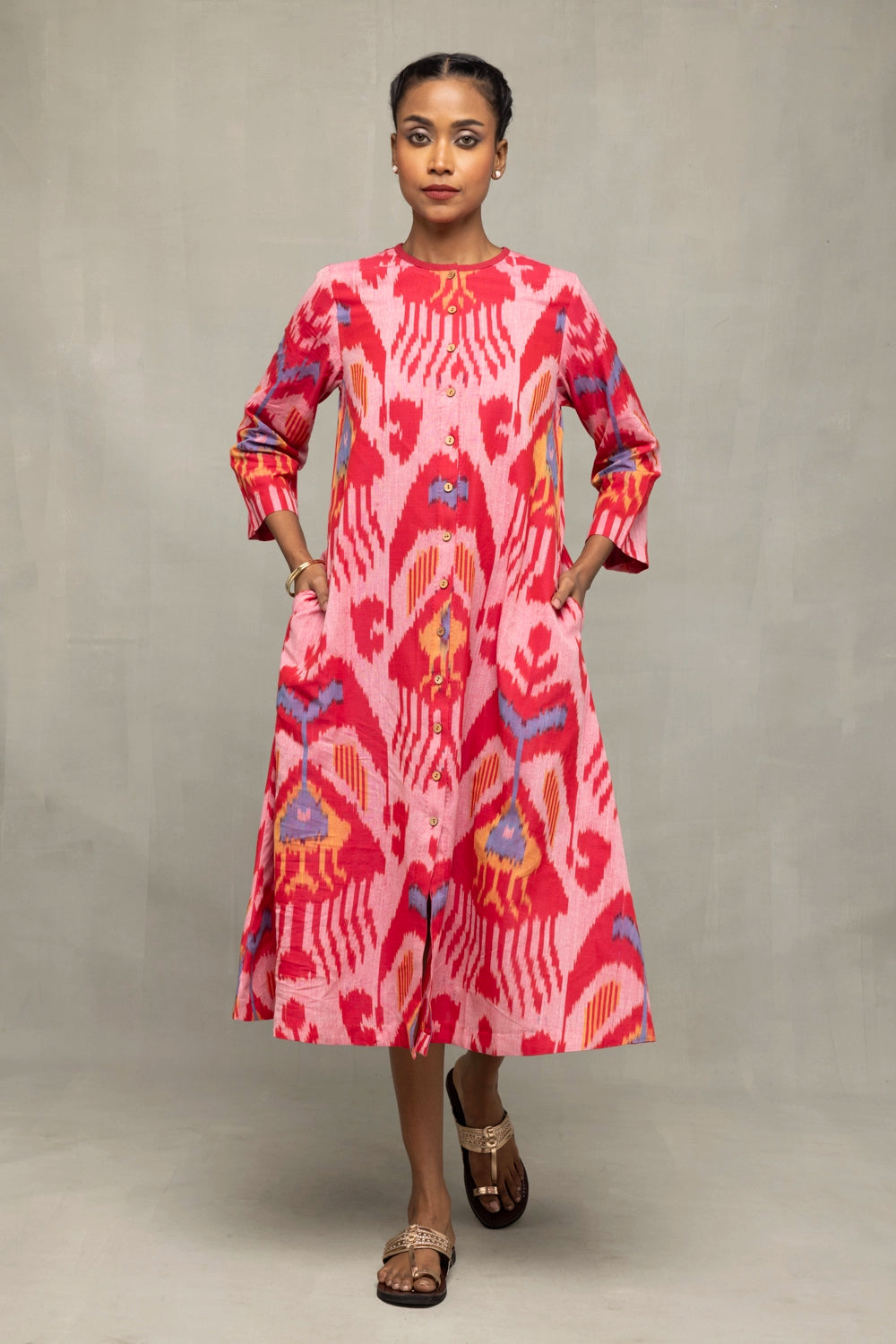 Handloom Pink Abstract Ikat Dress