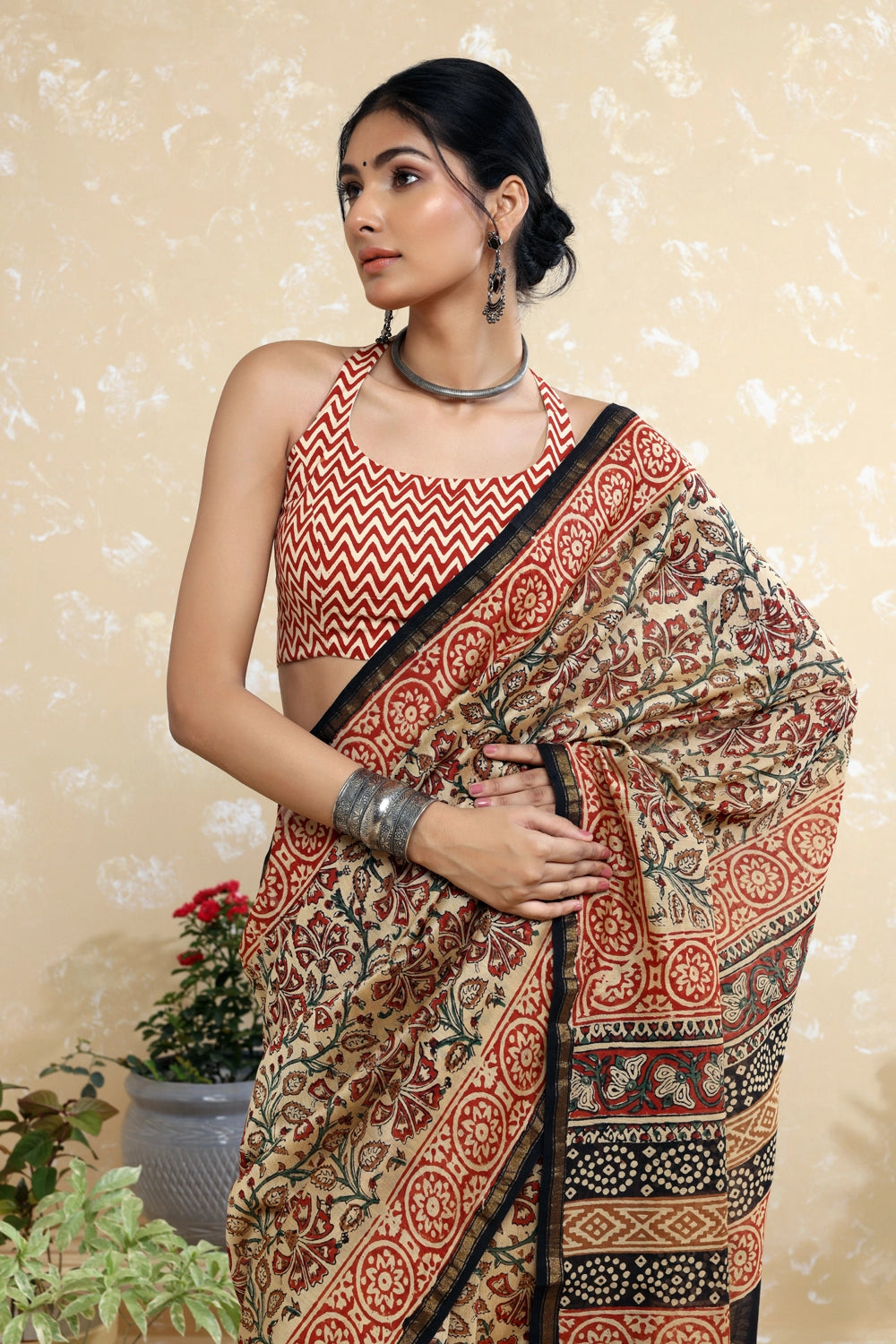 Handloom Brown Block Print Chanderi Cotton Saree