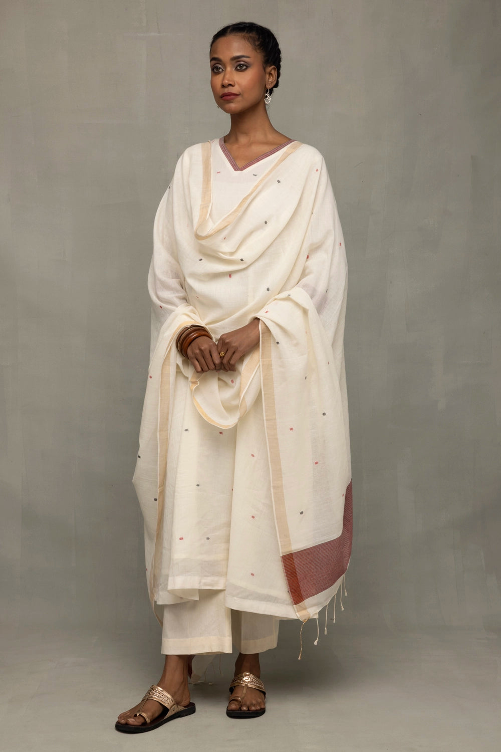 Off White Pujo Jamdani Handwoven Pure Cotton Kurta Set with Dupatta