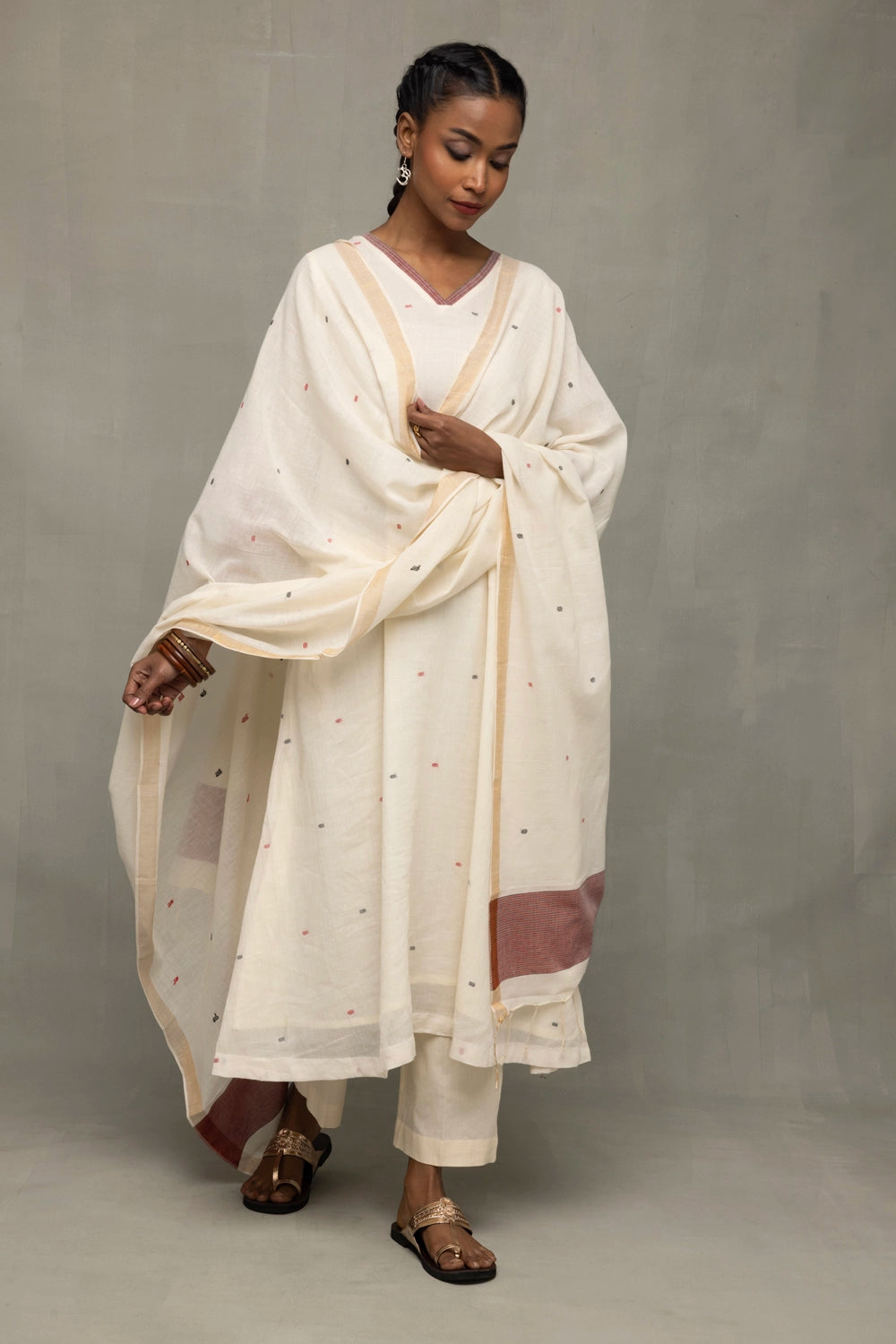 Off White Pujo Jamdani Handwoven Pure Cotton Kurta Set with Dupatta
