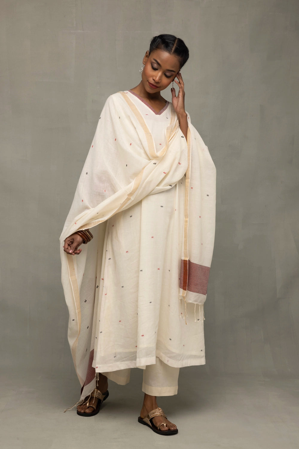 Off White Pujo Jamdani Handwoven Pure Cotton Kurta Set with Dupatta