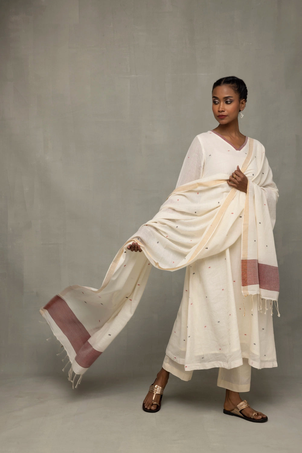 Off White Pujo Jamdani Handwoven Pure Cotton Kurta Set with Dupatta