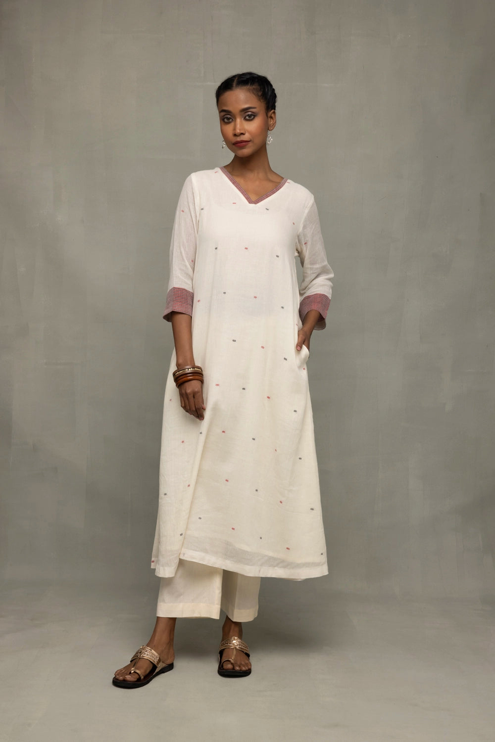 Off White Pujo Jamdani Handwoven Pure Cotton Kurta Set with Dupatta
