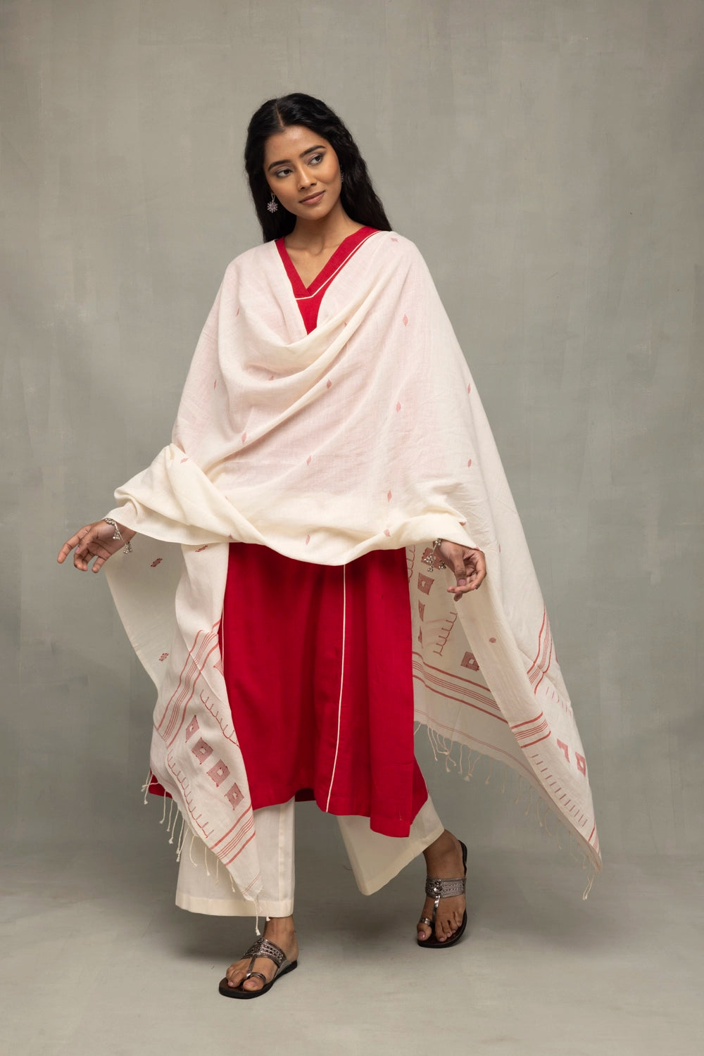 Red and White Jamdani Pujo Kurta Set With Dupatta