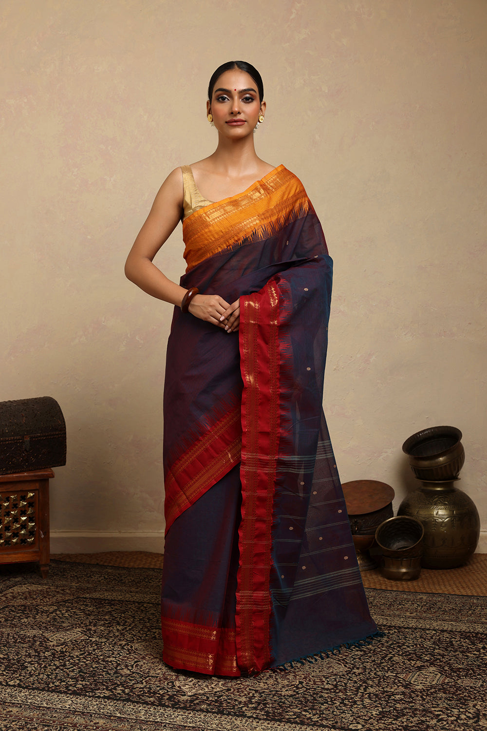 Handloom Blue Duo Tone Kanchi Cotton Saree