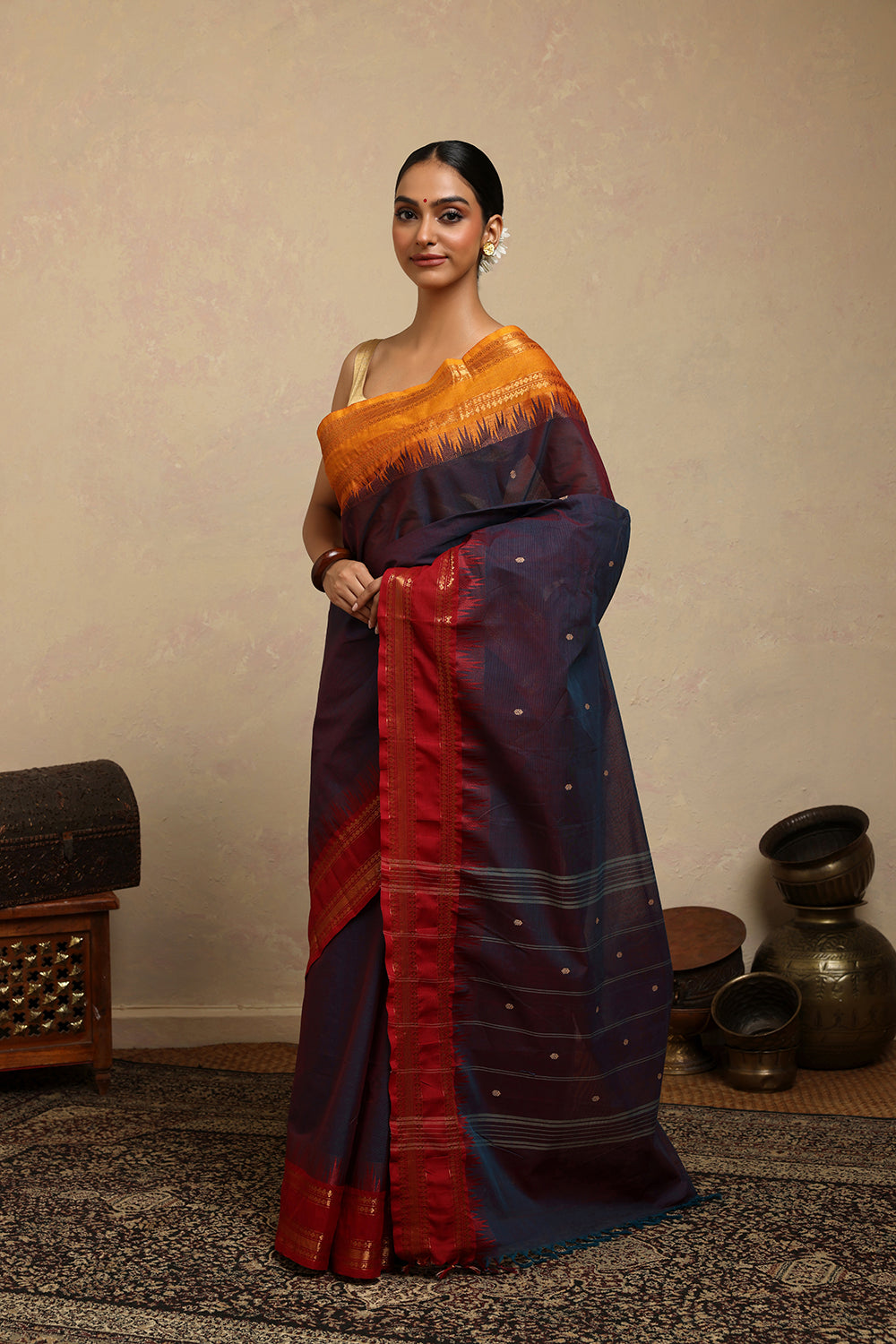 Handloom Blue Duo Tone Kanchi Cotton Saree