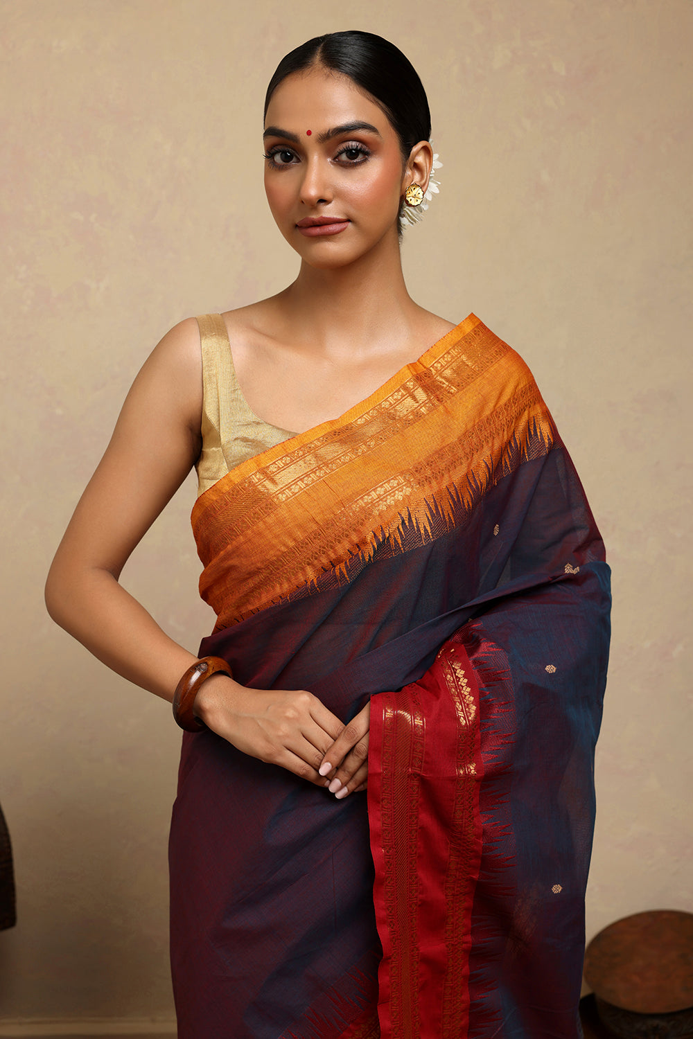 Handloom Blue Duo Tone Kanchi Cotton Saree