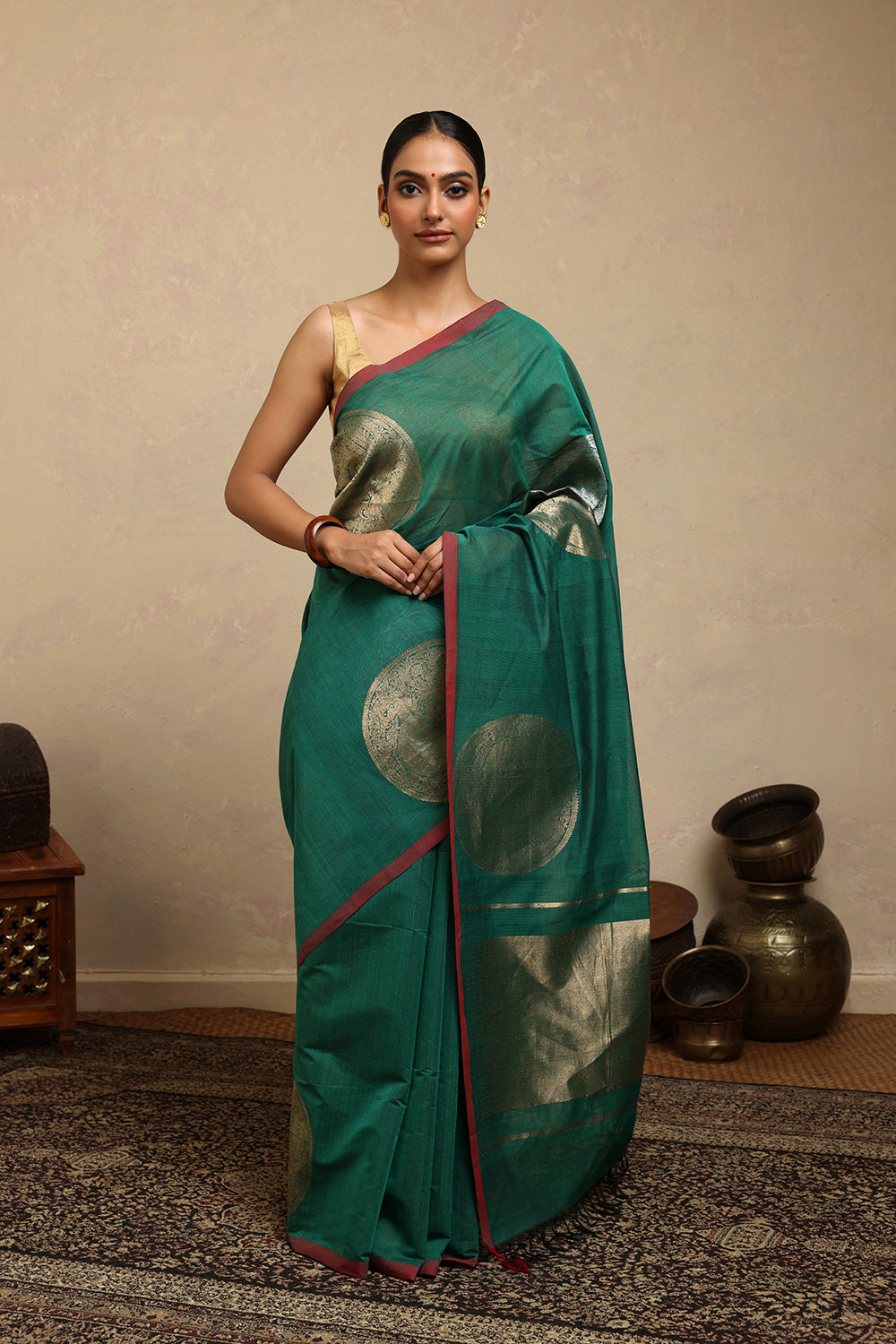 Handloom Forest Green Duo Tone Coin Motifs  Kanchi Cotton Saree