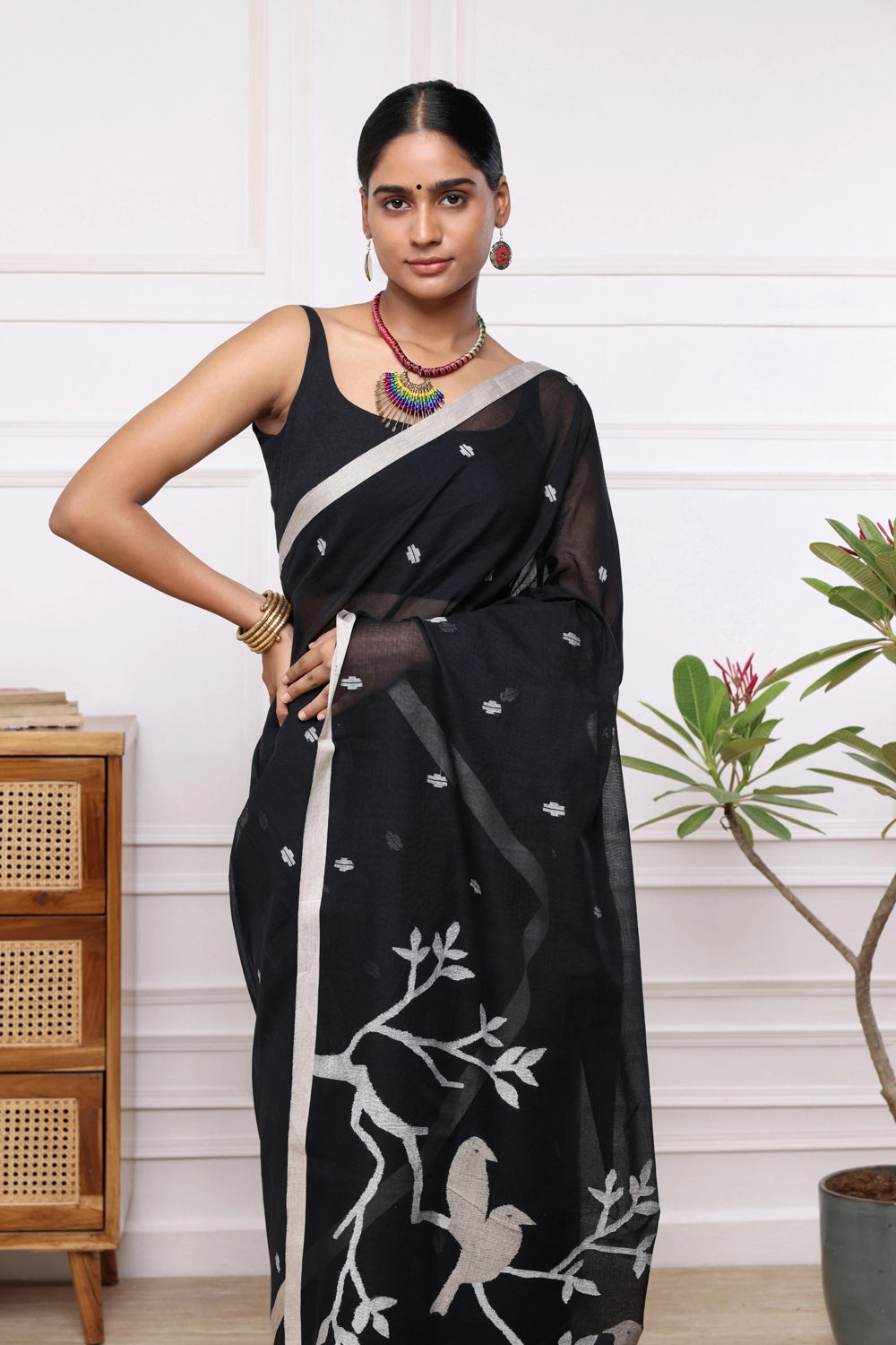 Handloom Black Soft Cotton Jamdani  Saree with Brown Colour Bird Motifs