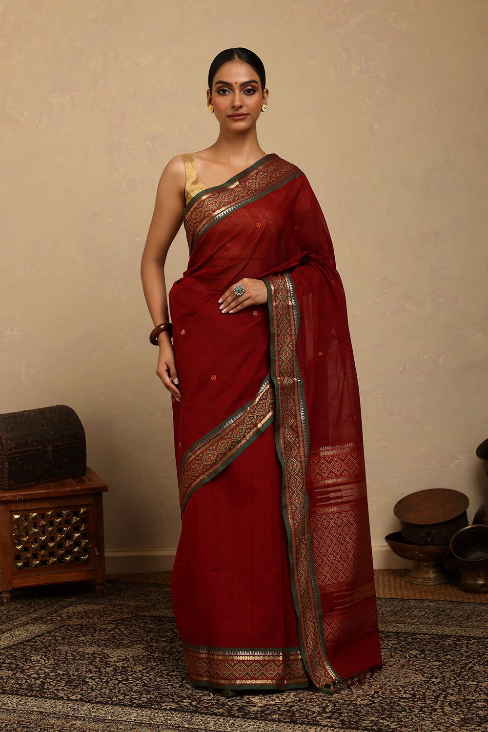 Handloom Maroon Kanchi Cotton Saree with Gold Zari Border