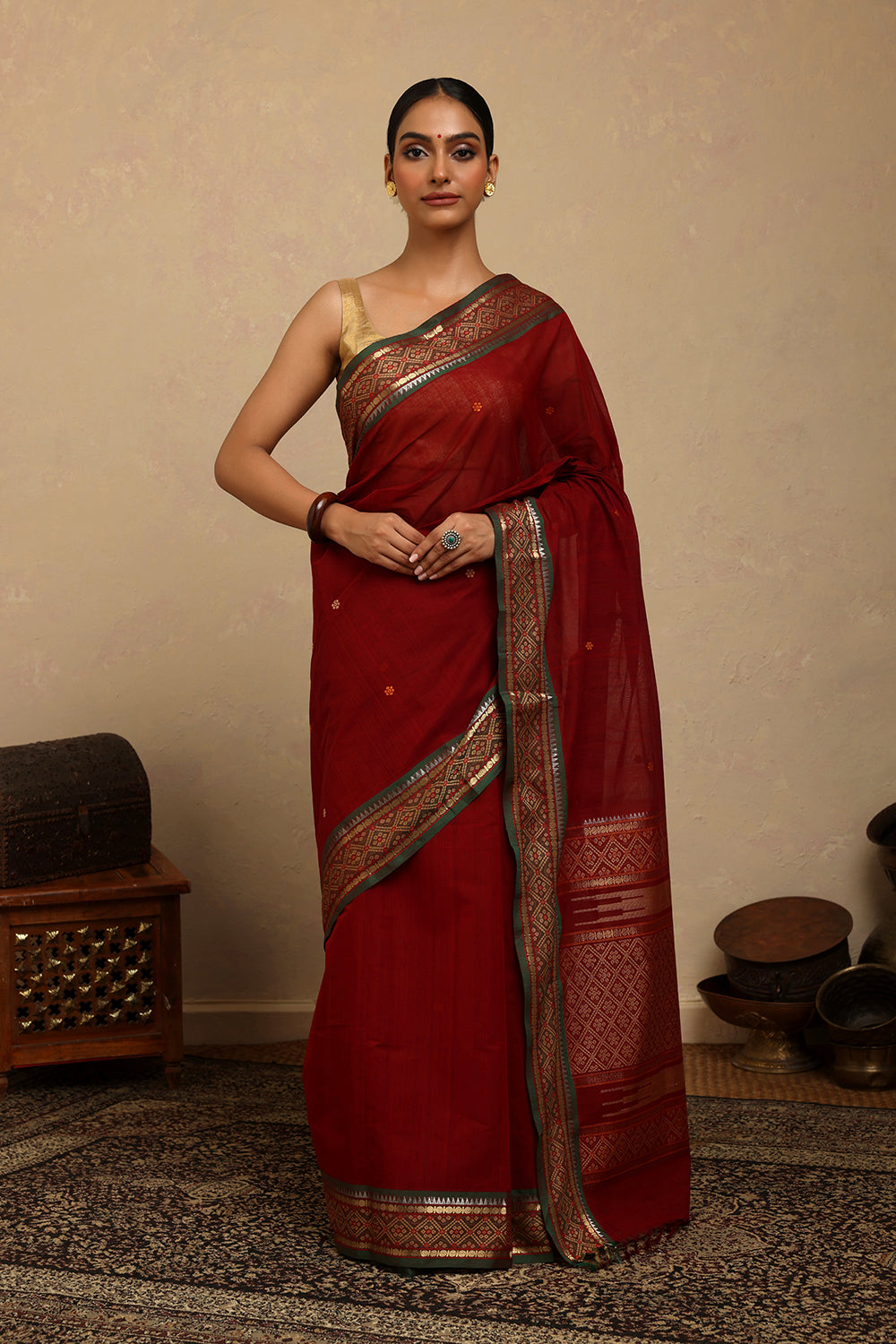 Handloom Maroon Kanchi Cotton Saree with Gold Zari Border
