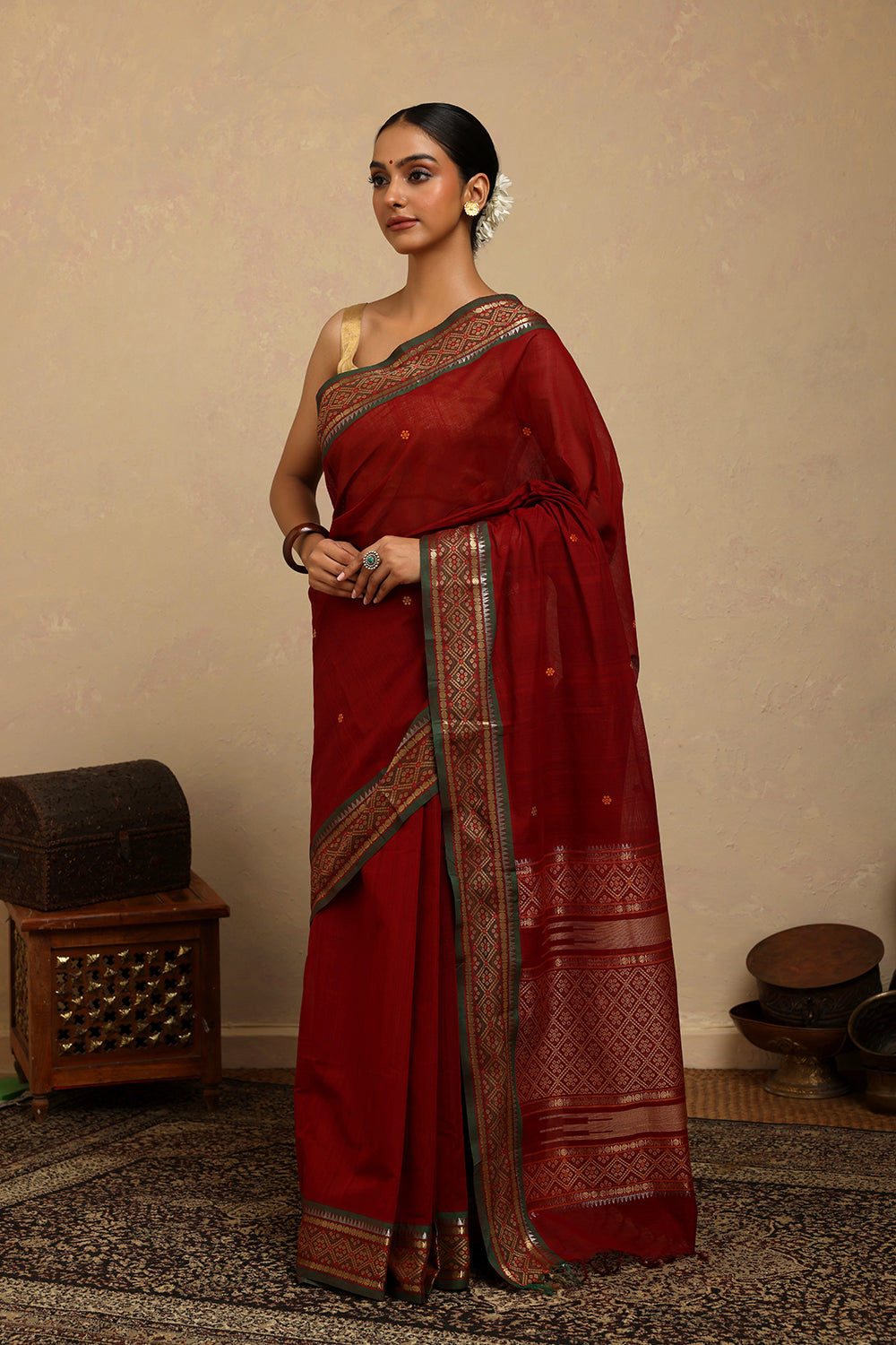 Handloom Maroon Kanchi Cotton Saree with Gold Zari Border
