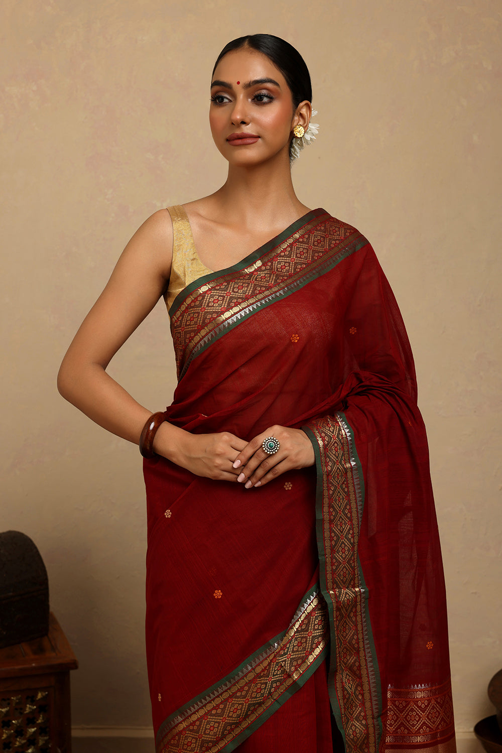 Handloom Maroon Kanchi Cotton Saree with Gold Zari Border