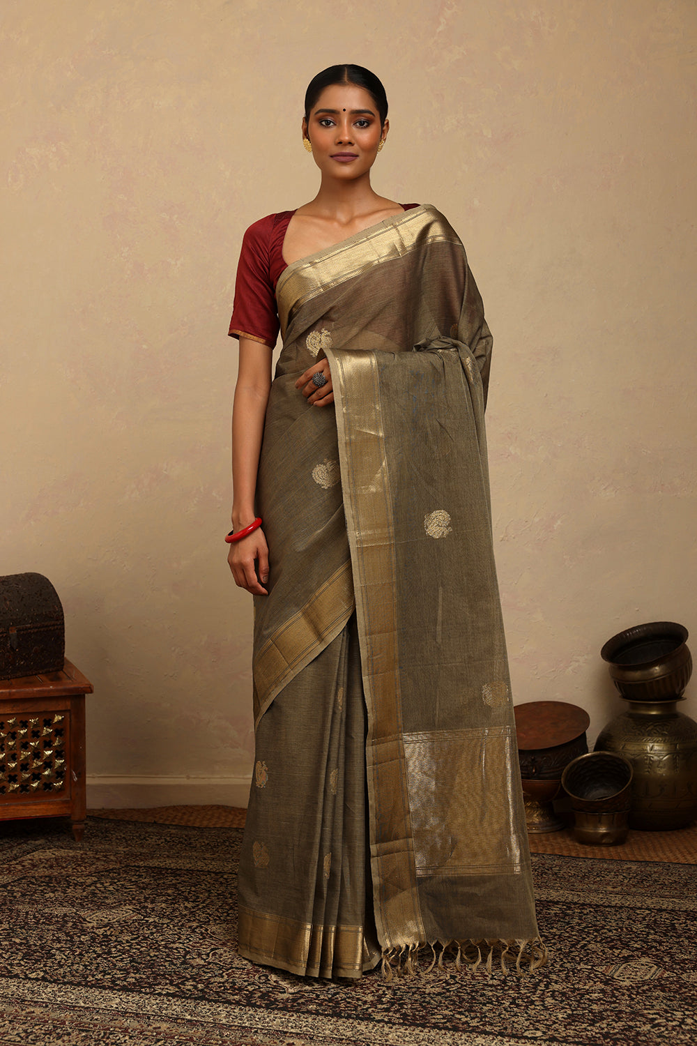 Handloom Warm Grey Kanchi Cotton Saree with Gold Zari Border