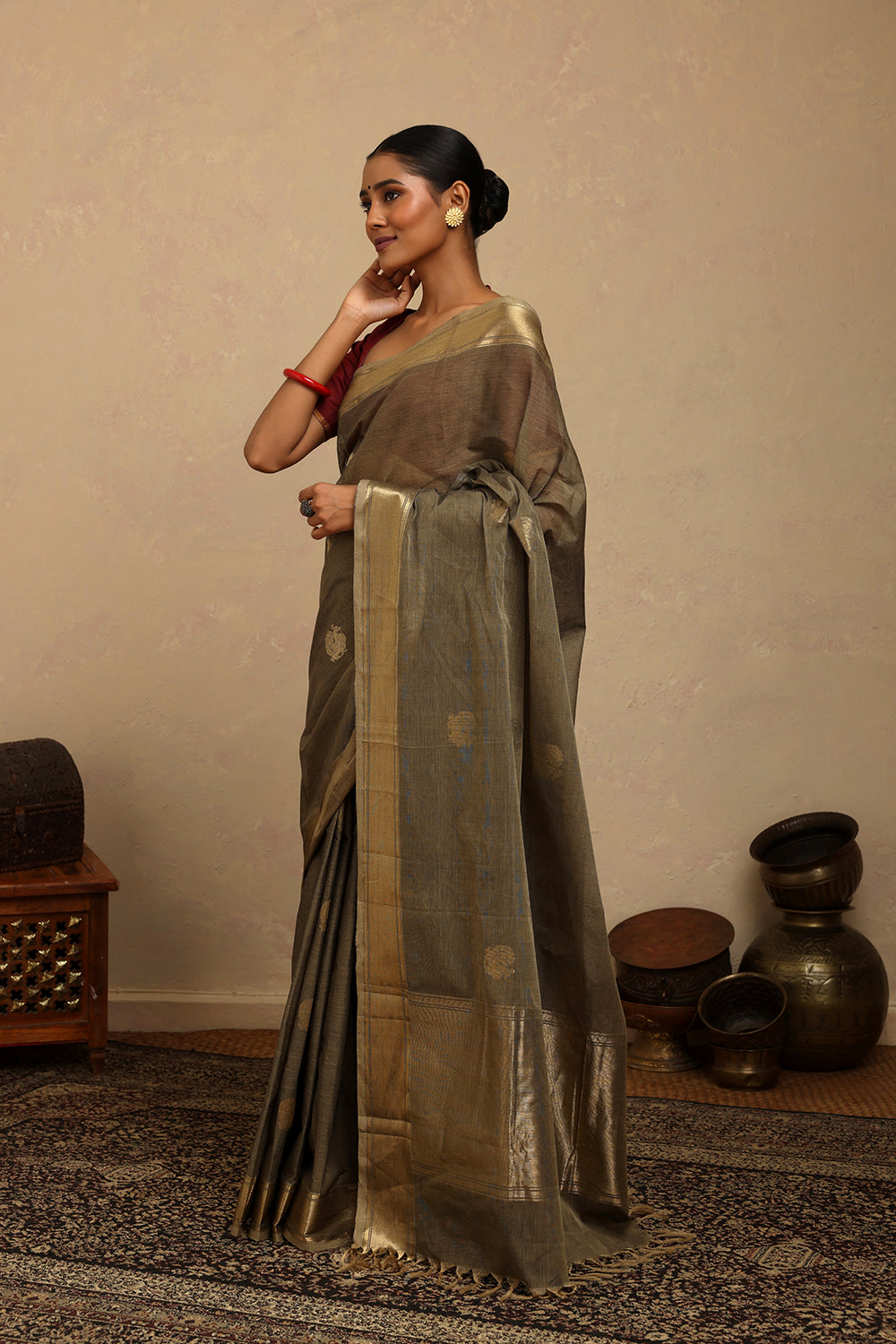 Handloom Warm Grey Kanchi Cotton Saree with Gold Zari Border