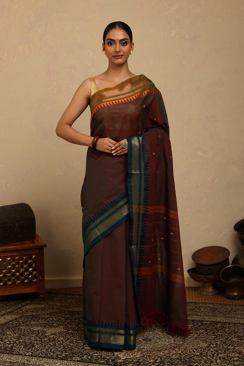 Handloom Maroon Blue Duo Tone Kanchi Cotton Saree