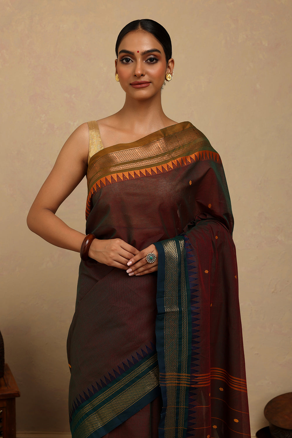 Handloom Maroon Blue Duo Tone Kanchi Cotton Saree