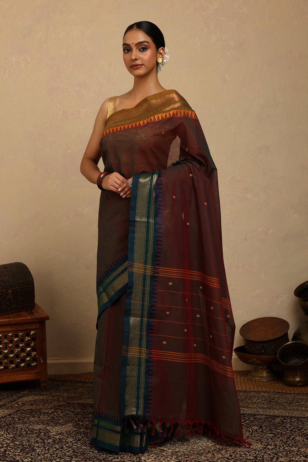 Handloom Maroon Blue Duo Tone Kanchi Cotton Saree