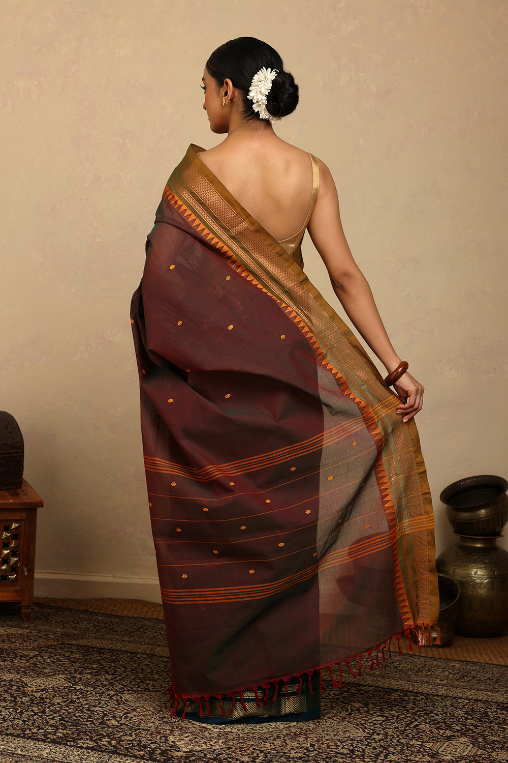 Handloom Maroon Blue Duo Tone Kanchi Cotton Saree