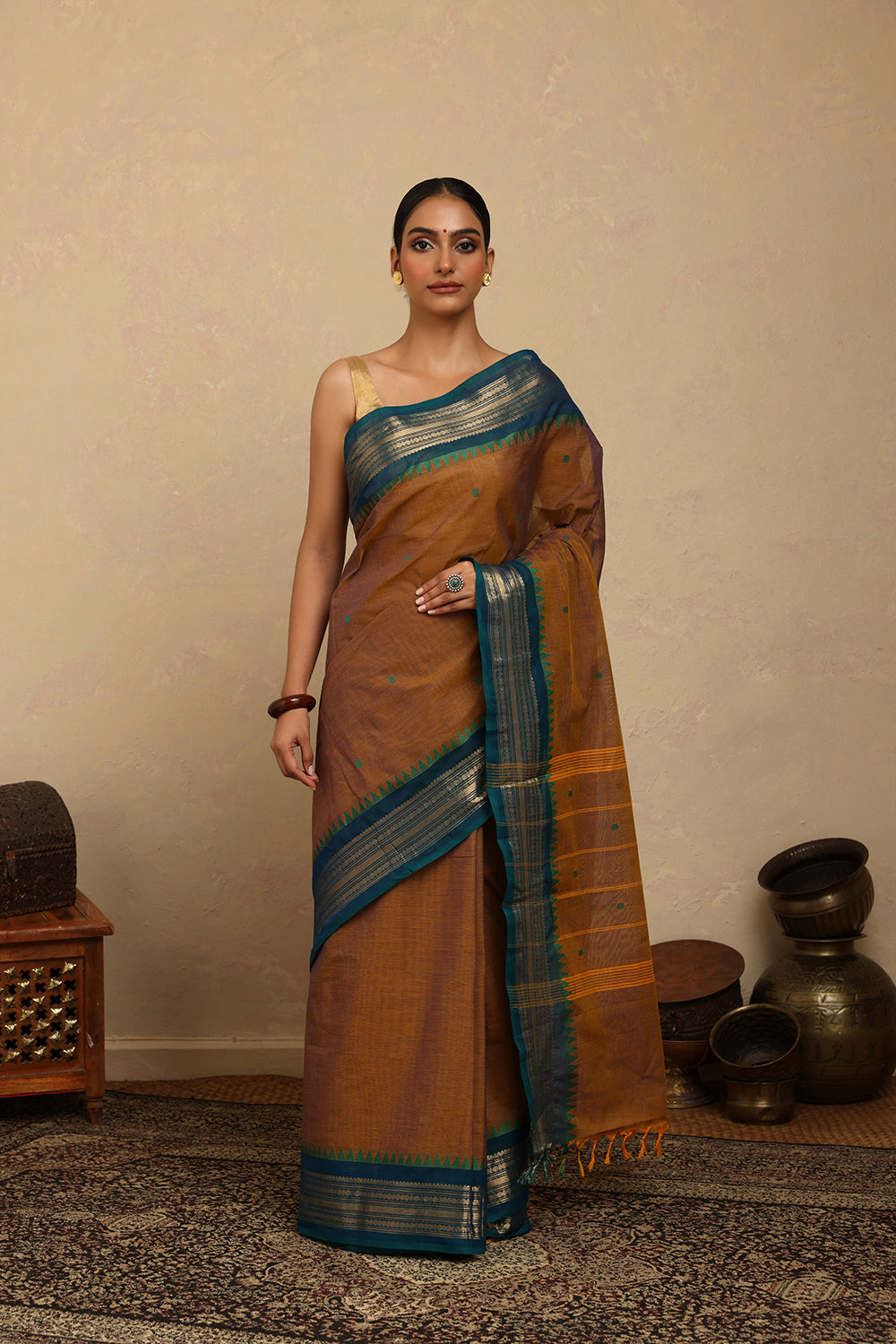 Handloom Mustard Duo Tone Kanchi Cotton Saree
