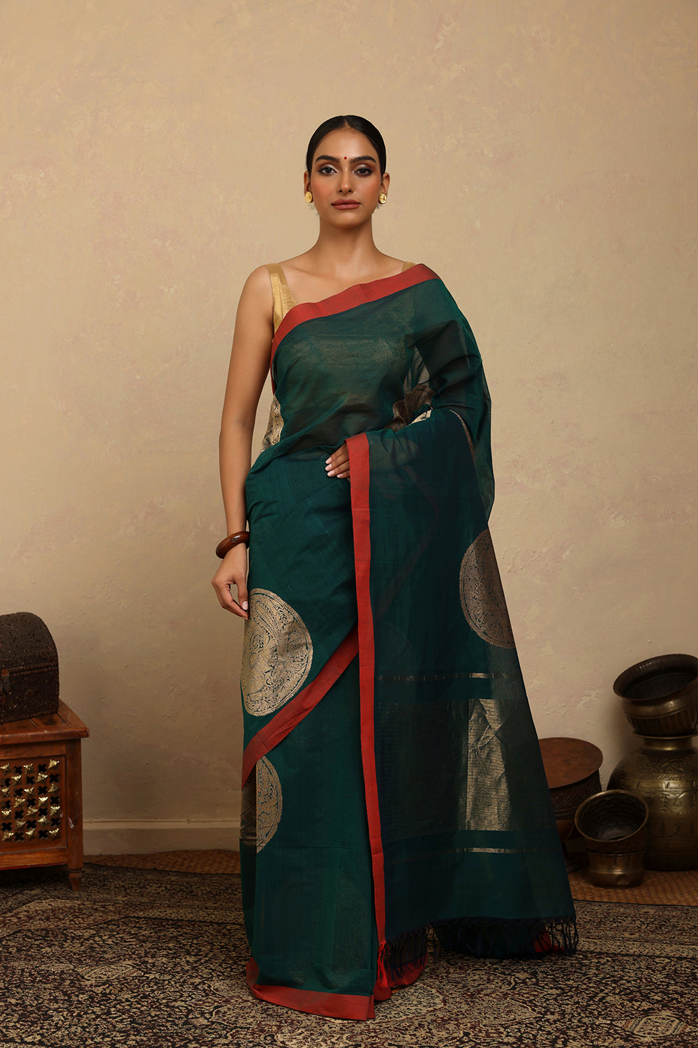 Handloom Dark Green Coin Motifs Kanchi Cotton Saree