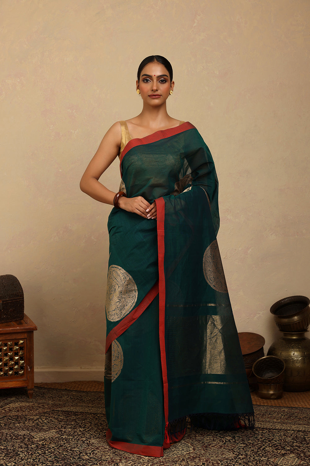 Handloom Dark Green Coin Motifs Kanchi Cotton Saree