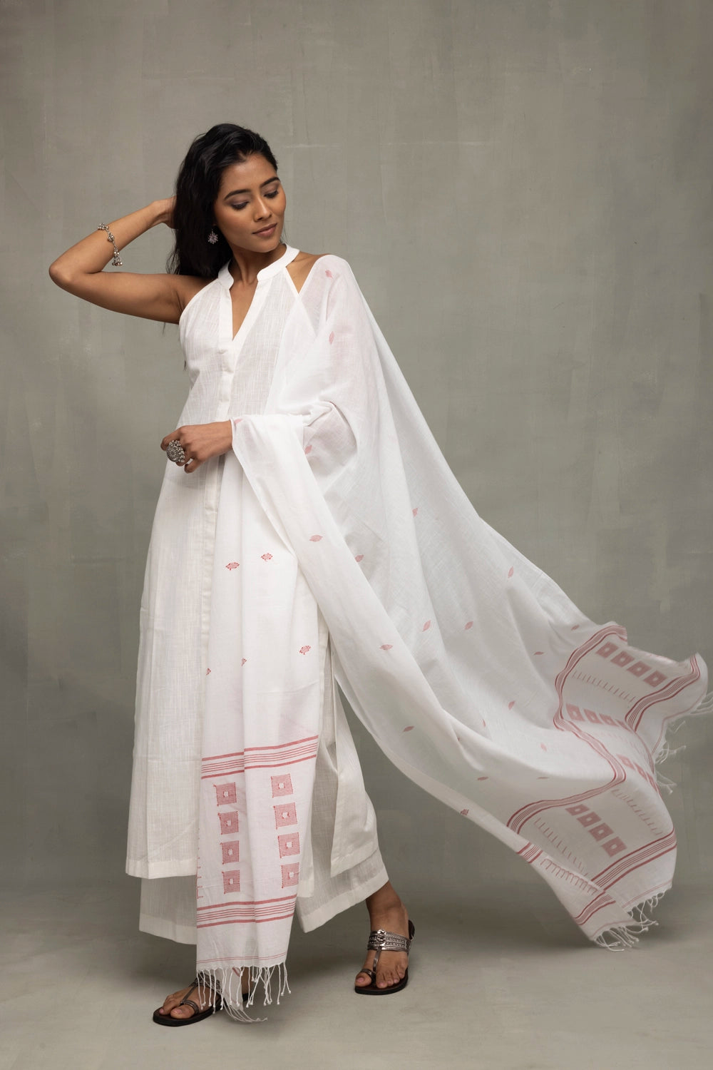 White Slub Cotton Kurta Set with Jamdani Dupatta