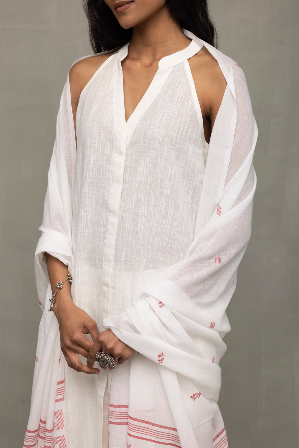 White Slub Cotton Kurta Set with Jamdani Dupatta