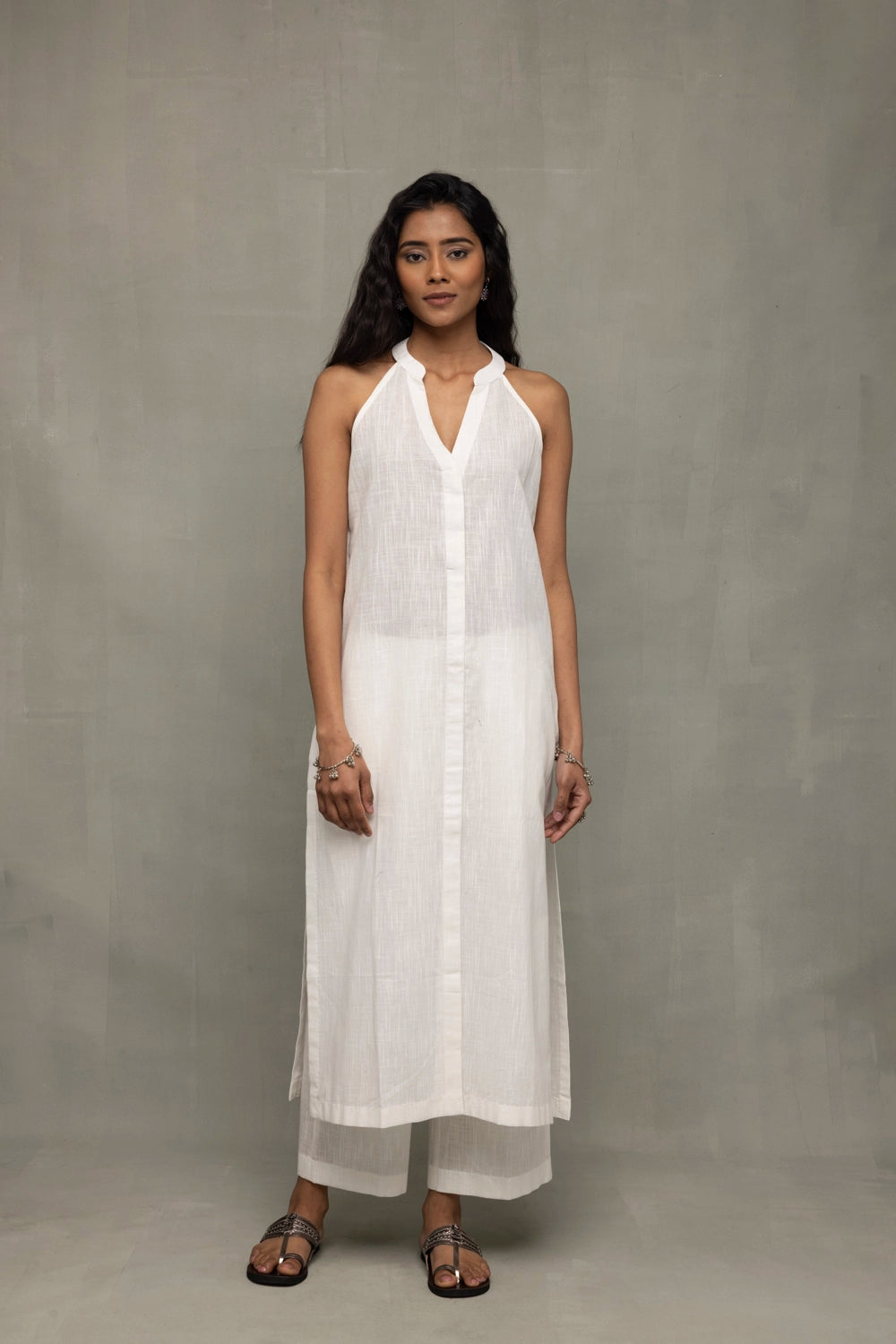 White Slub Cotton Kurta Set with Jamdani Dupatta