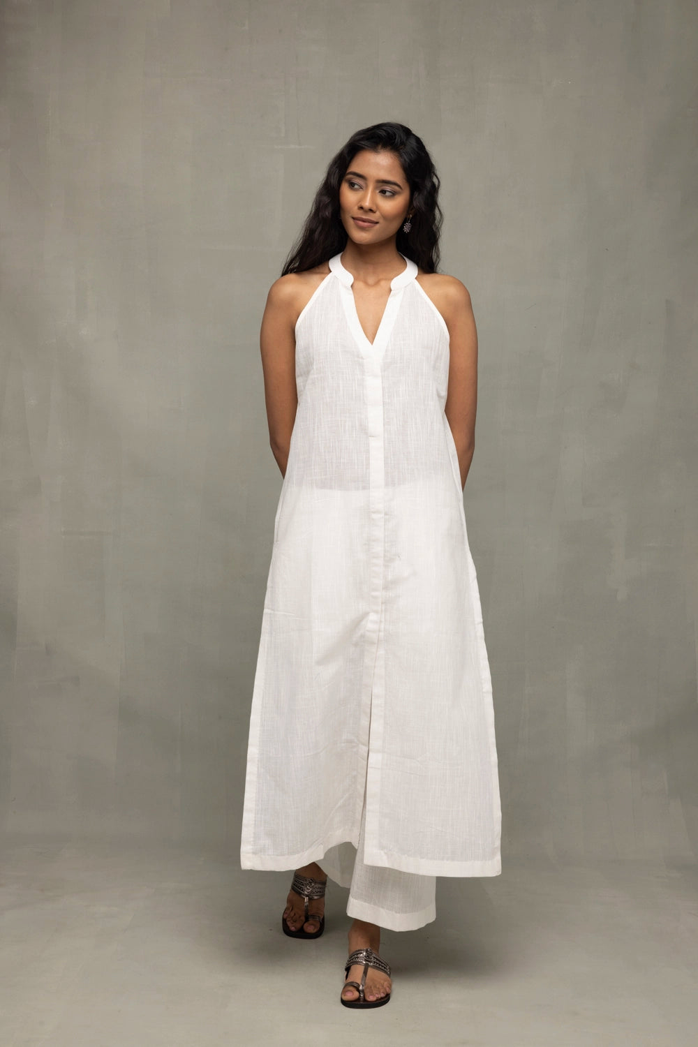 White Slub Cotton Kurta Set with Jamdani Dupatta